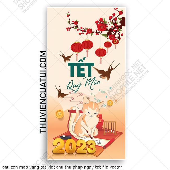 cau con meo vang tet viet chu thu phap ngay tet file vector